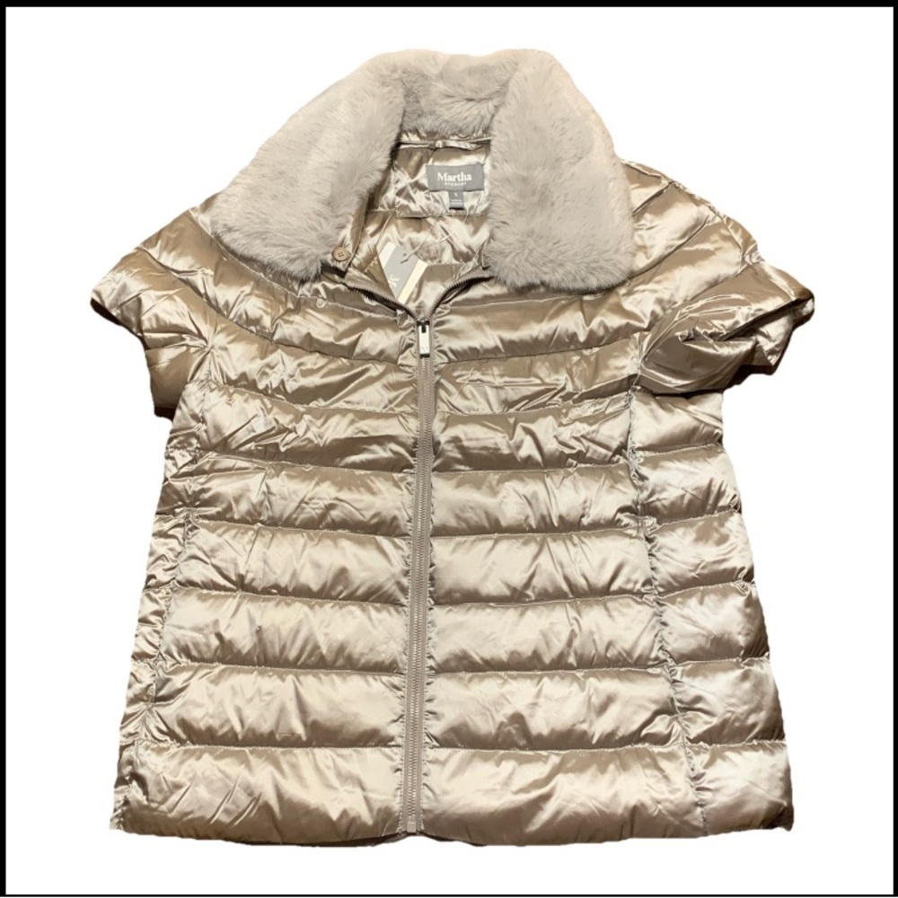 Martha Stewart Faux Fur Down Puffer Jacket Vest Moonstone Grey Quilted S NWT
